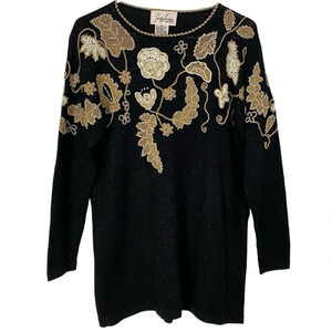 Vintage 90s Sweater Womens Medium Floral Embroidered Pullover Tunic Black Gold